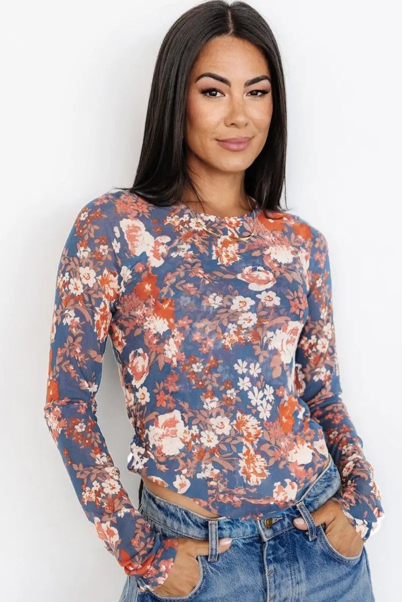 Orchid Petal Floral Print Mesh Fitted Long Sleeve Top - Love Salve